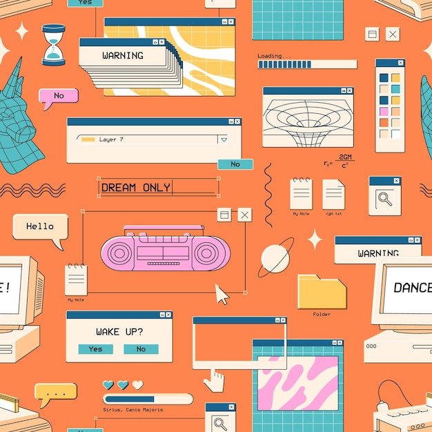Repeatable pattern of retro UI items of computer interface in vaporwave style Endless background of kitsch digital elements of software Y2K windows and icons Flat seamless vector illustration