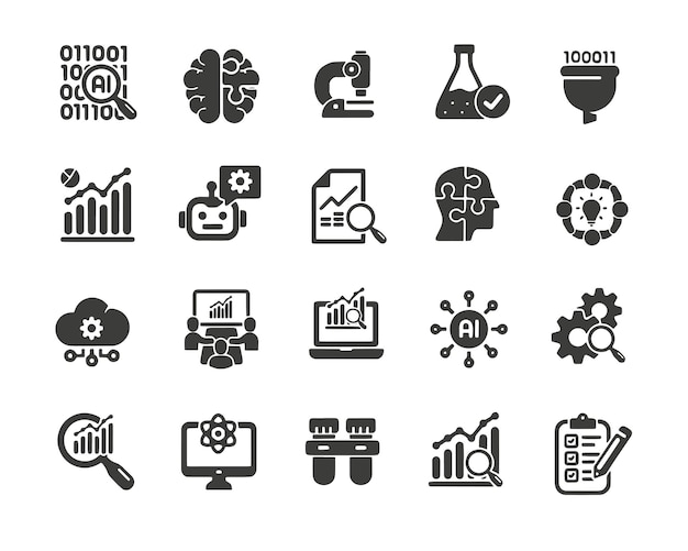 Research solid icons Containing Machine learning analyzing sciene solid icons collection Vector
