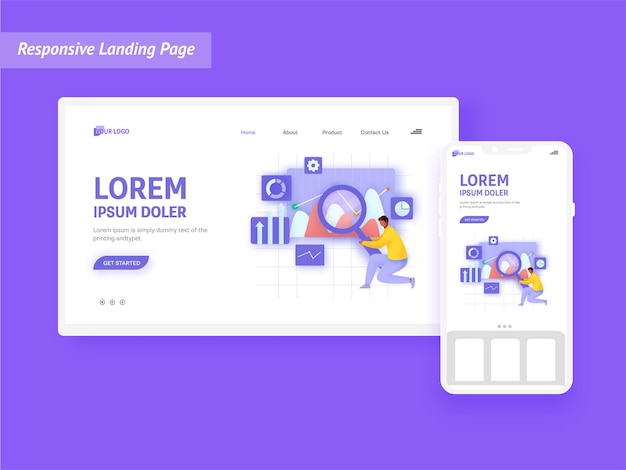 responsive landing page design with businessman or analytics searching data analysis.