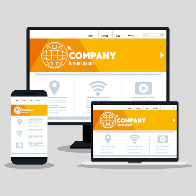  responsive web, concept website development in desktop computer, smartphone and laptop