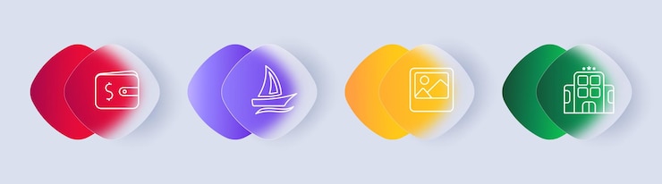 Vektör rest set icon travel vacation wallet money photo card yacht three stars landscape hotel plate gradient tourism and wandering concept glassmorphism style