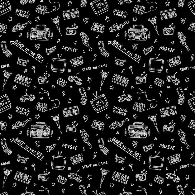 Retro 90s style pattern Doodle vintage elements Bllack and white seamless background Sketch 1990s
