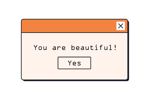 Retro computer dialog window with compliment System message box in 90s 00s design style Userfriendly interface communication concept Flat graphic vector illustration isolated on white background