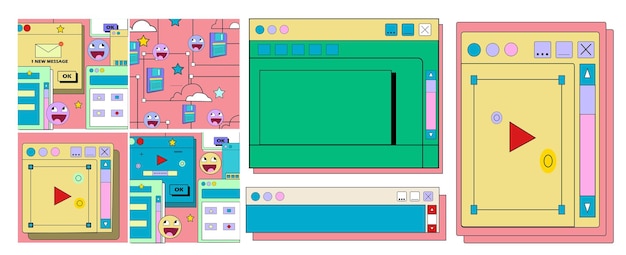 Retro Fun groovy user interface Frames for slogan template for square social media post seamless