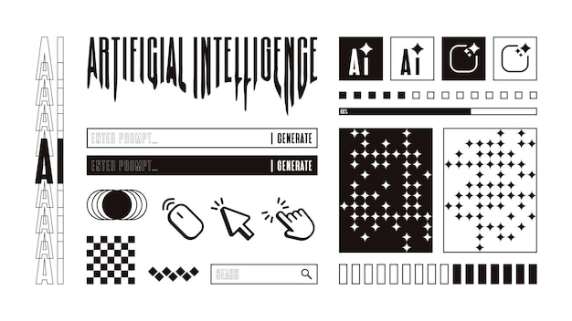 Retro futuristic AI button user interface design element Black and white graphic for desktop