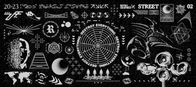 retro futuristic grunge elements for design abstract three dimensional figures wireframe people