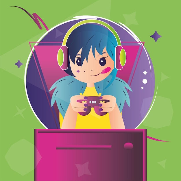 Retro girl cartoon with headphones and joystick Videogames Vector illustration