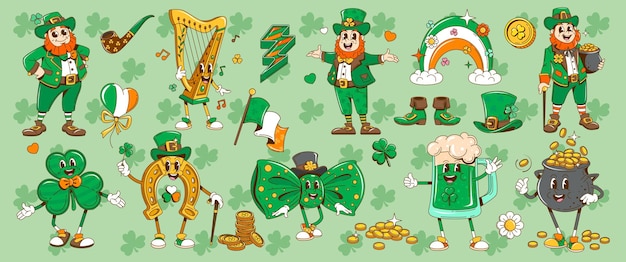retro groovy st patrick day characters objects