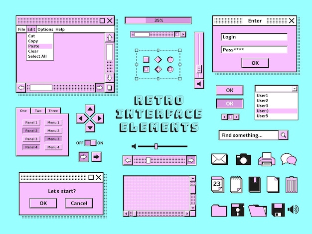 Retro interface elements 90s vintage pc bars message in old computer style Technology computing music and gaming desktop consoles tidy vector set