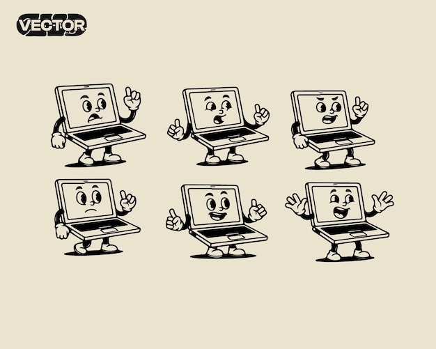 Retro Laptop Character Illustrations Six Unique Poses