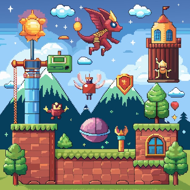 retro pixel game trophy icons and vector elements for adventure arcade level design
