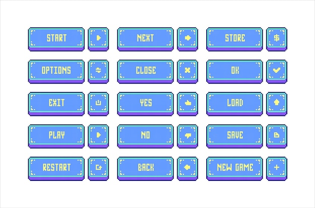 Retro Pixelated Neon Blue Game Interface Buttons with Options for Start Save Load and More
