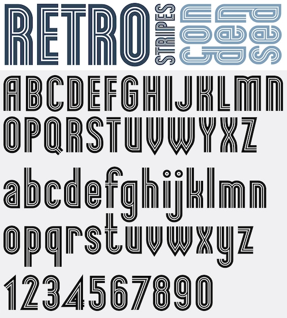 retro striped black and white font and numbers with outline bold poster letters