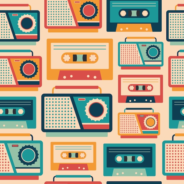 retro tape recorders and cassettes seamless pattern.