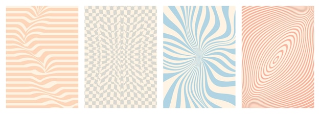 Retro twisted distorted groovy hippie background set Waves swirl stripe ray twirl psychedelic style