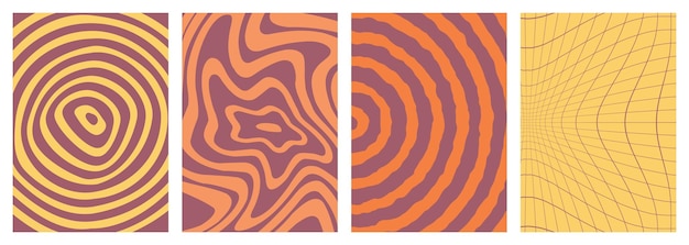 Retro twisted distorted groovy hippie background set Waves swirl stripe ray twirl psychedelic style