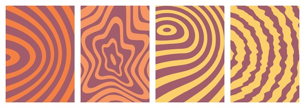 Retro twisted distorted groovy hippie background set Waves swirl stripe ray twirl psychedelic style