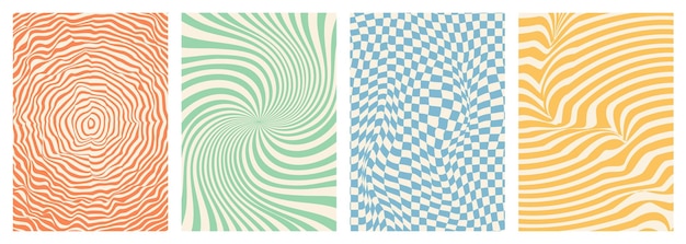 Retro twisted distorted groovy hippie background set Waves swirl stripe ray twirl psychedelic style