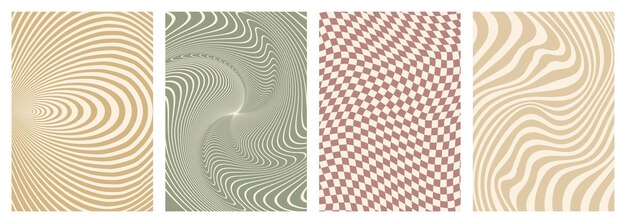 Retro twisted distorted groovy hippie background set Waves swirl stripe ray twirl psychedelic style