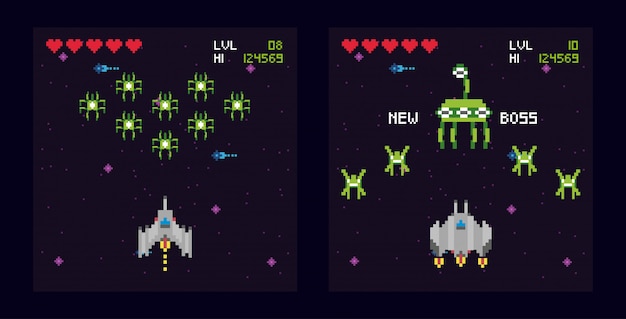 retro video game space pixelated scenes