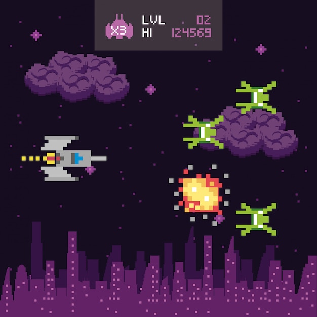Retro videospel rymd pixlad scen