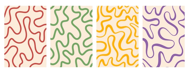 retro vintage background twisted lines fluid curved wiggling stripes and waves set Colorful funky chaotic Liquid ornaments groovy hippie pattern set