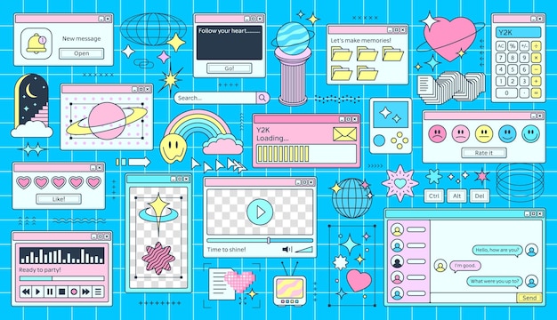 Retro Y2K computer windows pages in PC interface