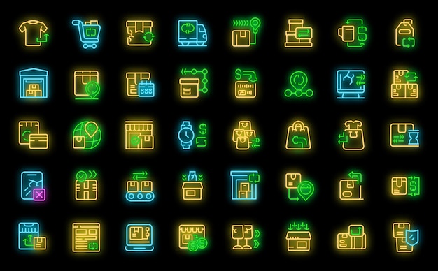 Retur av varor till butiken ikoner set kontur vektor Produkt återbetalning Policy kund neon färg på svart