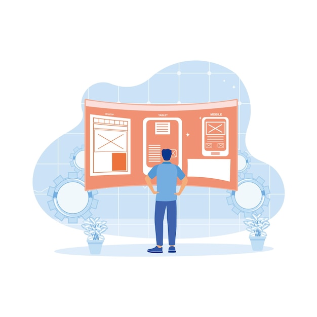 Review wireframe layout design sketches for responsive web content with AR screens