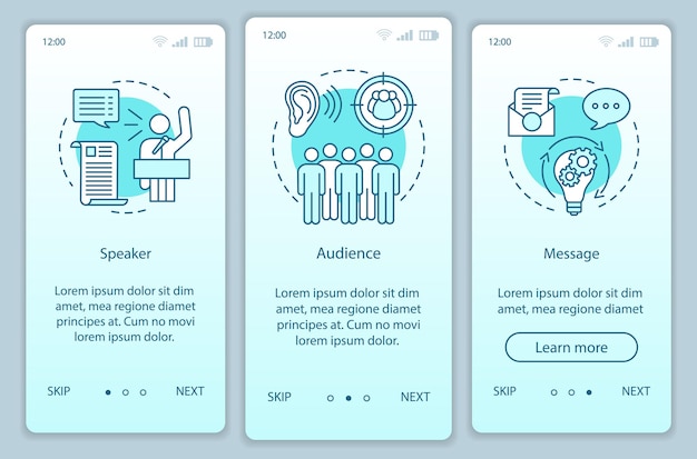 Rhetorical triangle onboarding mobile app page screen vector template. Leadership skills. Speaker, audience, message. Walkthrough website steps with line icons. UX, UI, GUI smartphone interface