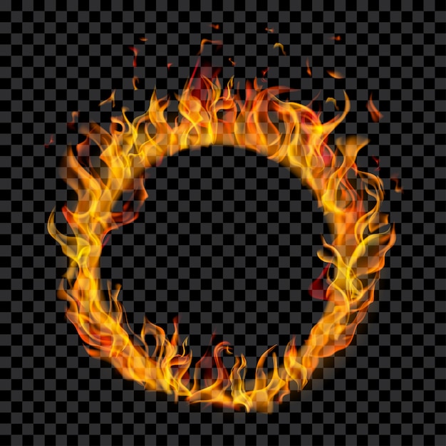 Ring made of translucent orange tongues of fire and sparks on transparent background For used on dark illustrations Transparency only in vector format