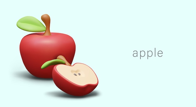ripe red apple in cartoon style vector whole fruit and half with leaf and seed