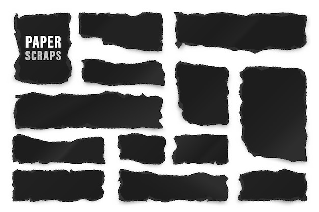 Ripped black paper strips realistic crumpled paper scraps with torn edges shreds of notebook pages