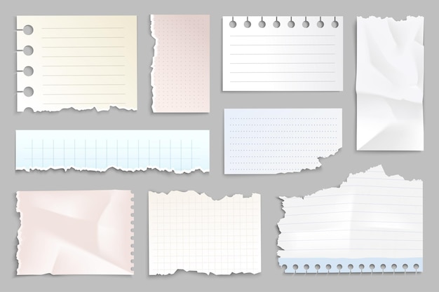 Ripped paper strips set elements in flat graphic design Bundle objects of torn white notebook pages lined or chequered note sheets with torn edges crumpled blank message notes Vector illustration