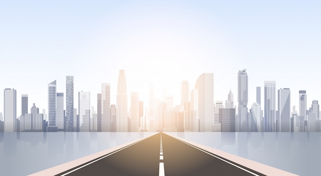 Road To City Skyscraper View Cityscape Background Skyline Silhouette with Copy Space
