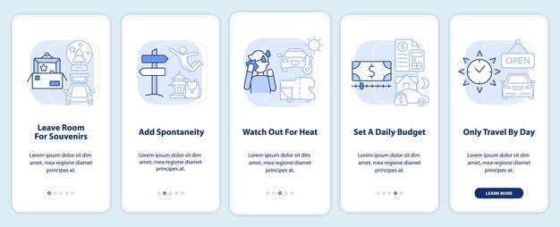 Road trip advices light blue onboarding mobile app screen