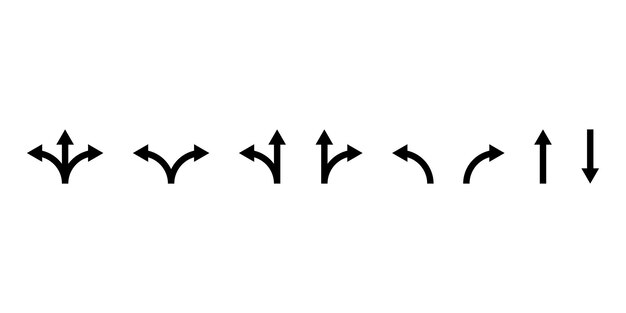 Road way arrows vector icons set. Road way one, two and three direction. Fork sign.