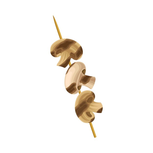 Roasted mushrooms on skewer with strips isolated on white background vector illustration