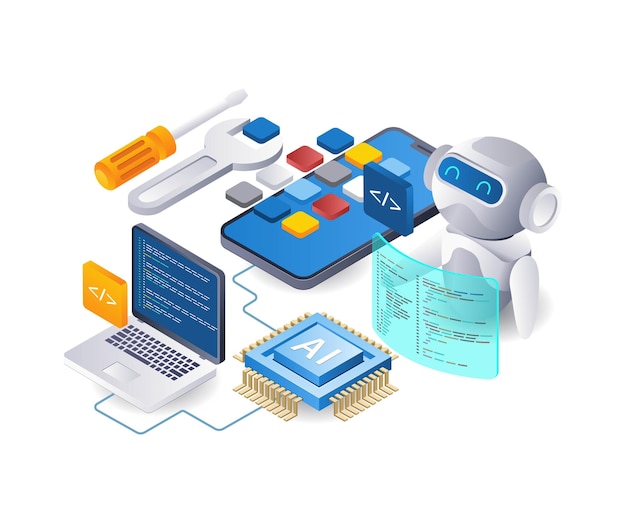 robot ai create smartphone app technology infographic flat isometric 3d illustration