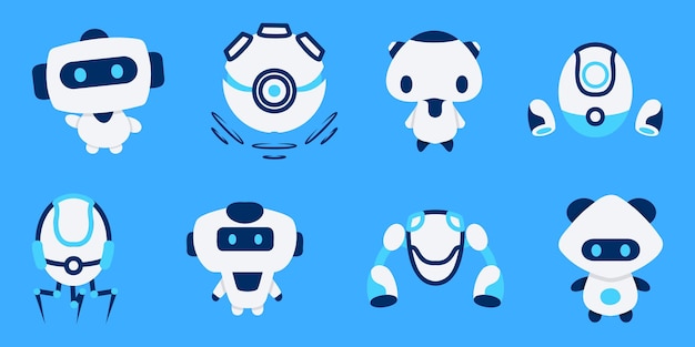 Robot character icons in a flat design Chat bot sign for support service Cartoon robot icons