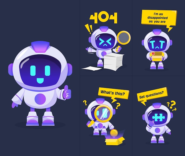 Robot character set vector with emotions technology Robotic character