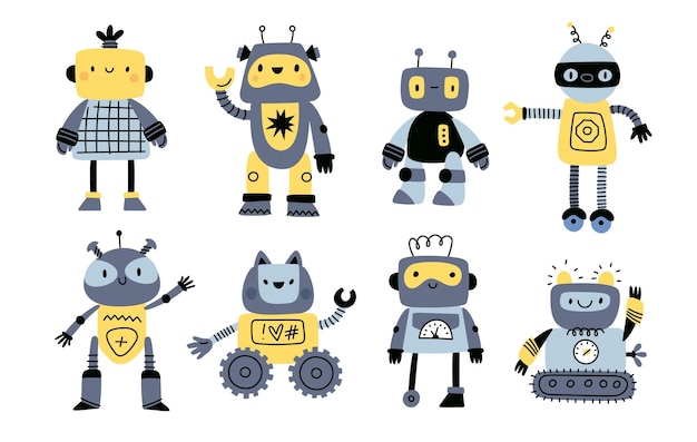 Robot characters Different cyborg assistants assembled from elements kit Cartoon kids androids AI technologies Artificial humanoids Garish vector isolated robotic machines set