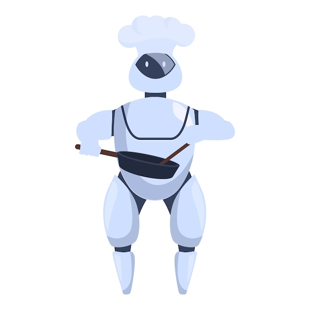 Robot chef holding frying pan and spatula cooking food