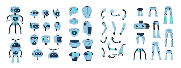 Robot constructor components Bot creation kit of modular robot parts including heads arms legs and bodies for android character design Isolated vector set