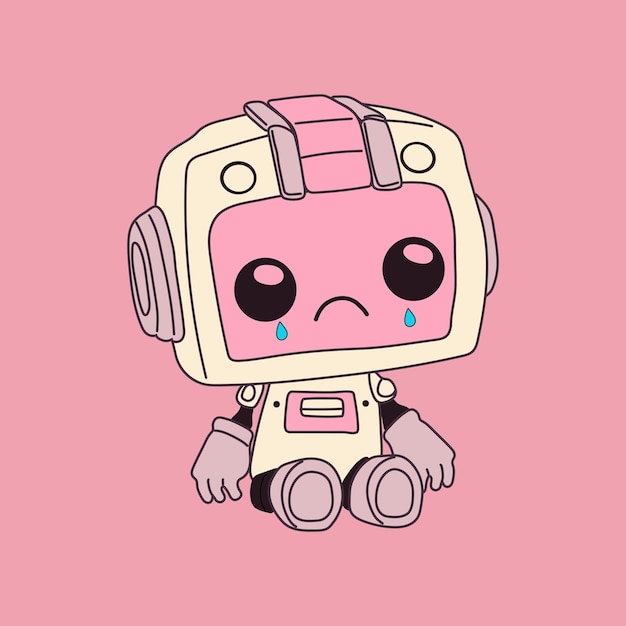 robot cute artificial robotic character crying hand drawn vector illustration futuristic retro