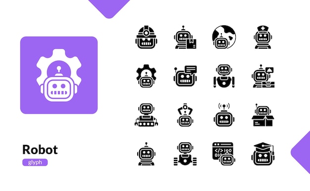 robot future artificial technology automation machine solid glyph icon set