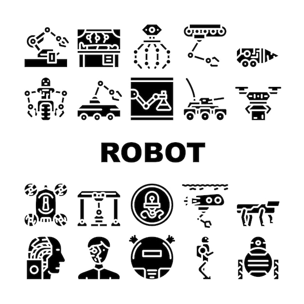 Robot Future Electronic Equipment Icons Set Vector Military And Underwater Robot Vacuum Cleaner And Cyborg Nanorobot Drone Robotic Arm Doing Surgery Operation Glyph Pictograms Black Illustrations