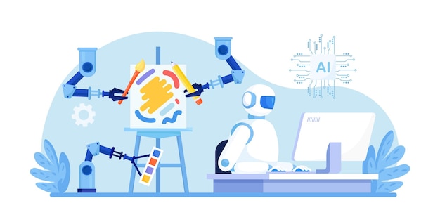 Robot painting to create artwork Artificial intelligence generating stunning works of art AI technologies in hobbies Robotic arm create a painting art controlled by a computer algorithm