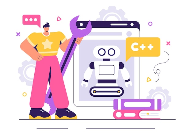 Robot Programming Vector Illustration Featuring an Artificial Intelligence Robot Interacting with a Digital Data Interface for Advanced Technology
