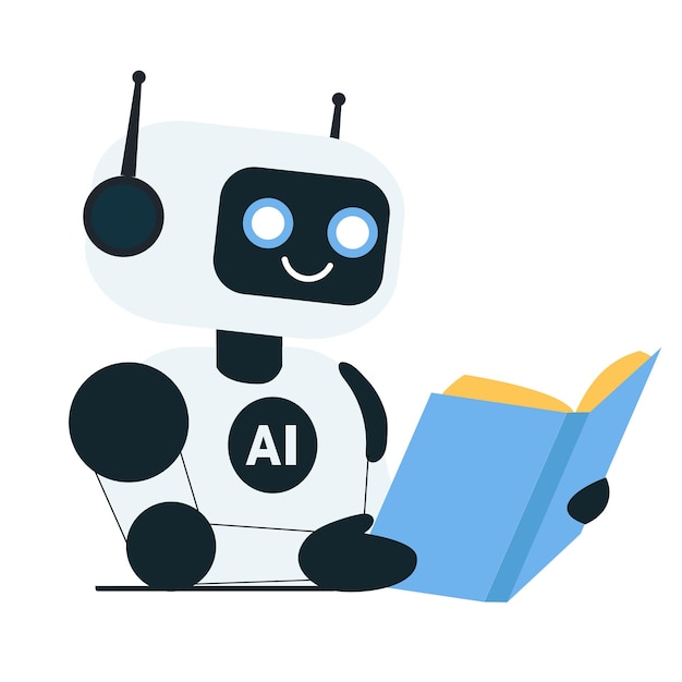 Robot reading book at the table